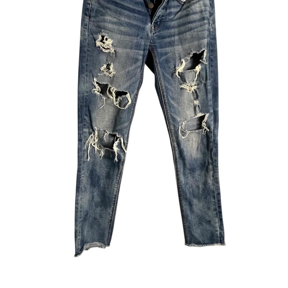 American Eagle Tomgirl Boyfriend Jeans Womens 0 Blue Distressed Stretch Raw Hem - Picture 6 of 8